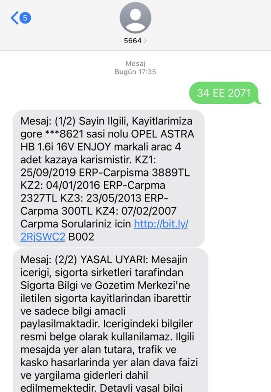 34 ee 2071 plakasının tramer kaydı var